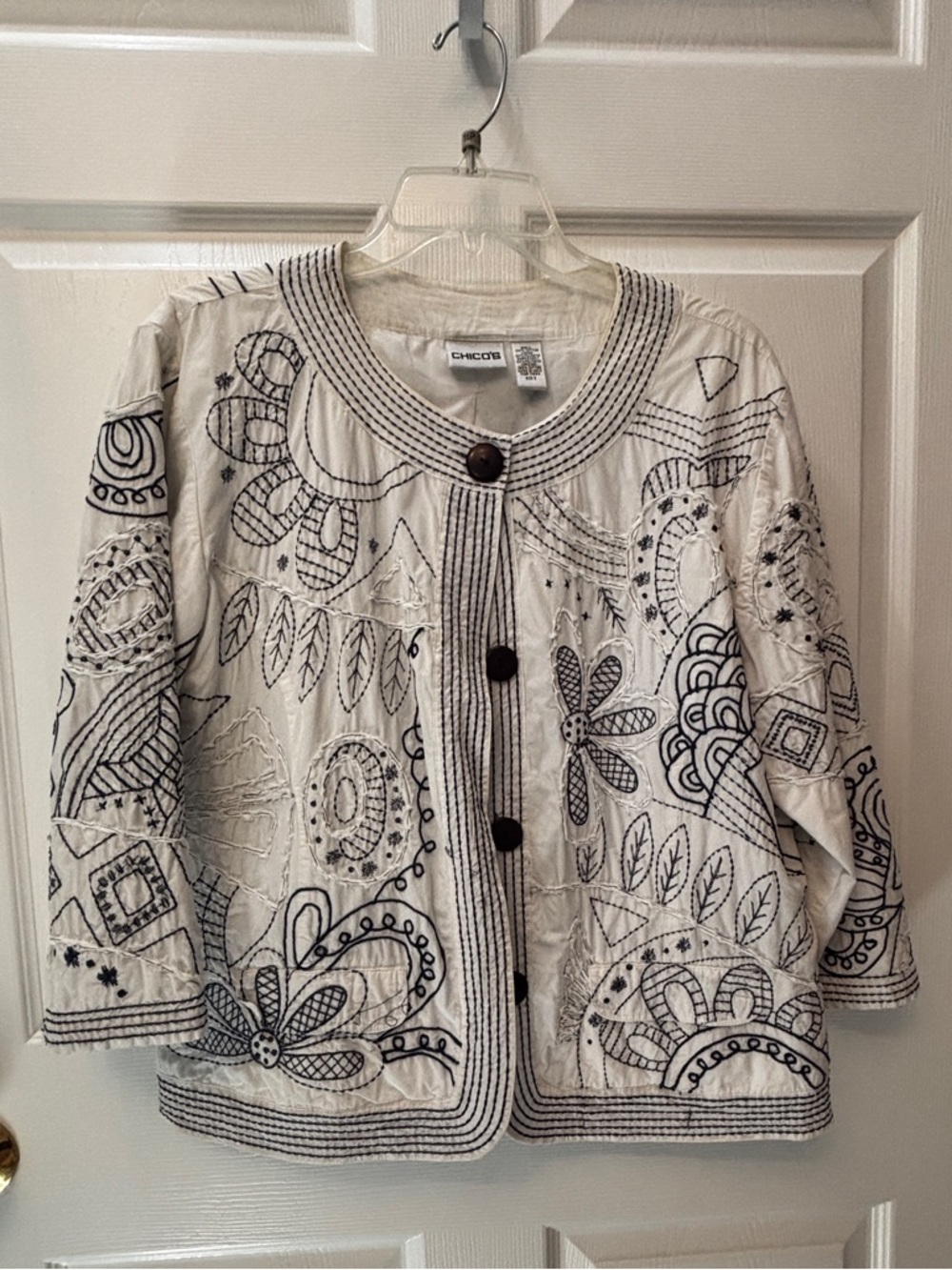 Chico's White Jacket with Navy Embroidery Details
